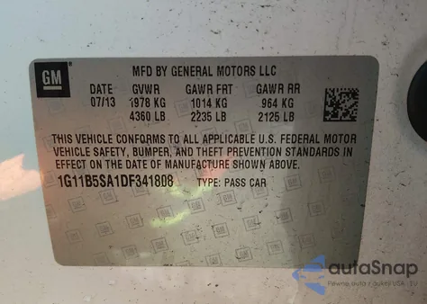 2013 Chevrolet Malibu 1Ls z USA, uszkodzony, nr VIN 1G11B5SA1DF341808